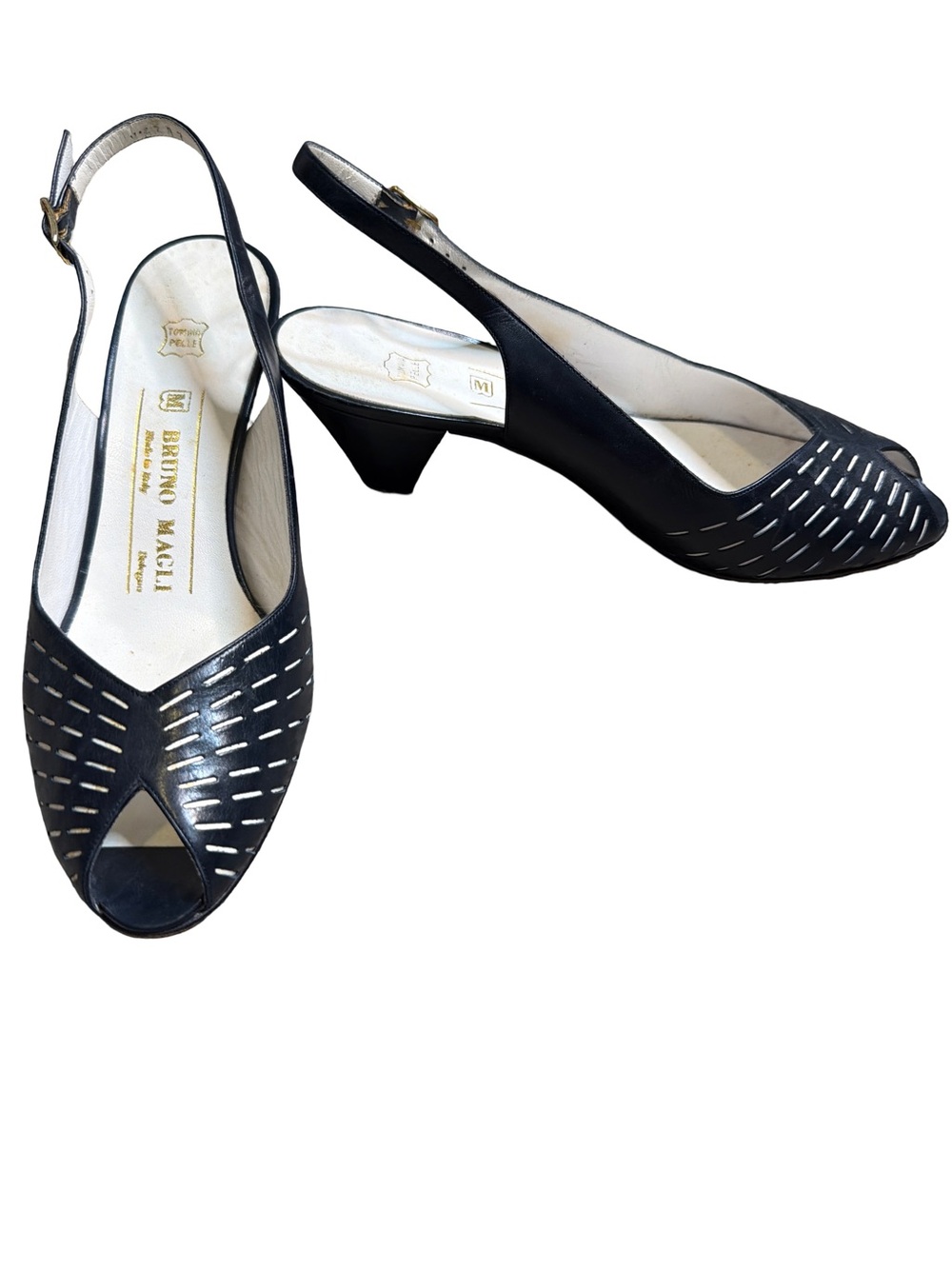 Bruno Magli Navy Leather Perforated Slingback Peep-Toe Heels
